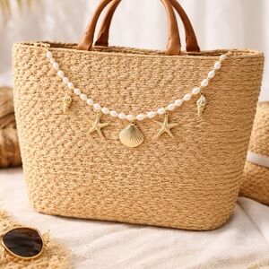 Seashell Starfish Purse Charm Chain Gold Tone Faux Pearl Bag Accessory Jewelry
